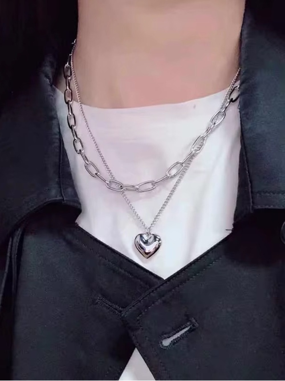 Silver Heart Pendant Layered Necklace - Women Jewelry